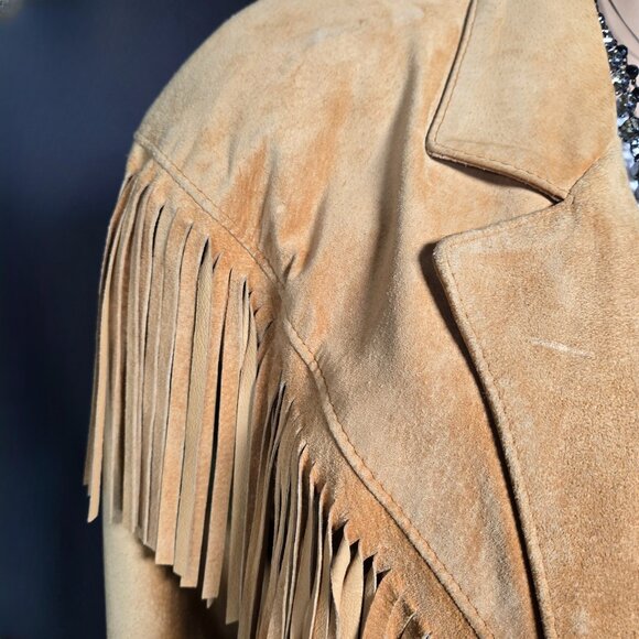 Vintage 90s Fringed Suede Jacket Size M Tan Brown Western Boho Hippie Festival - Picture 9 of 16